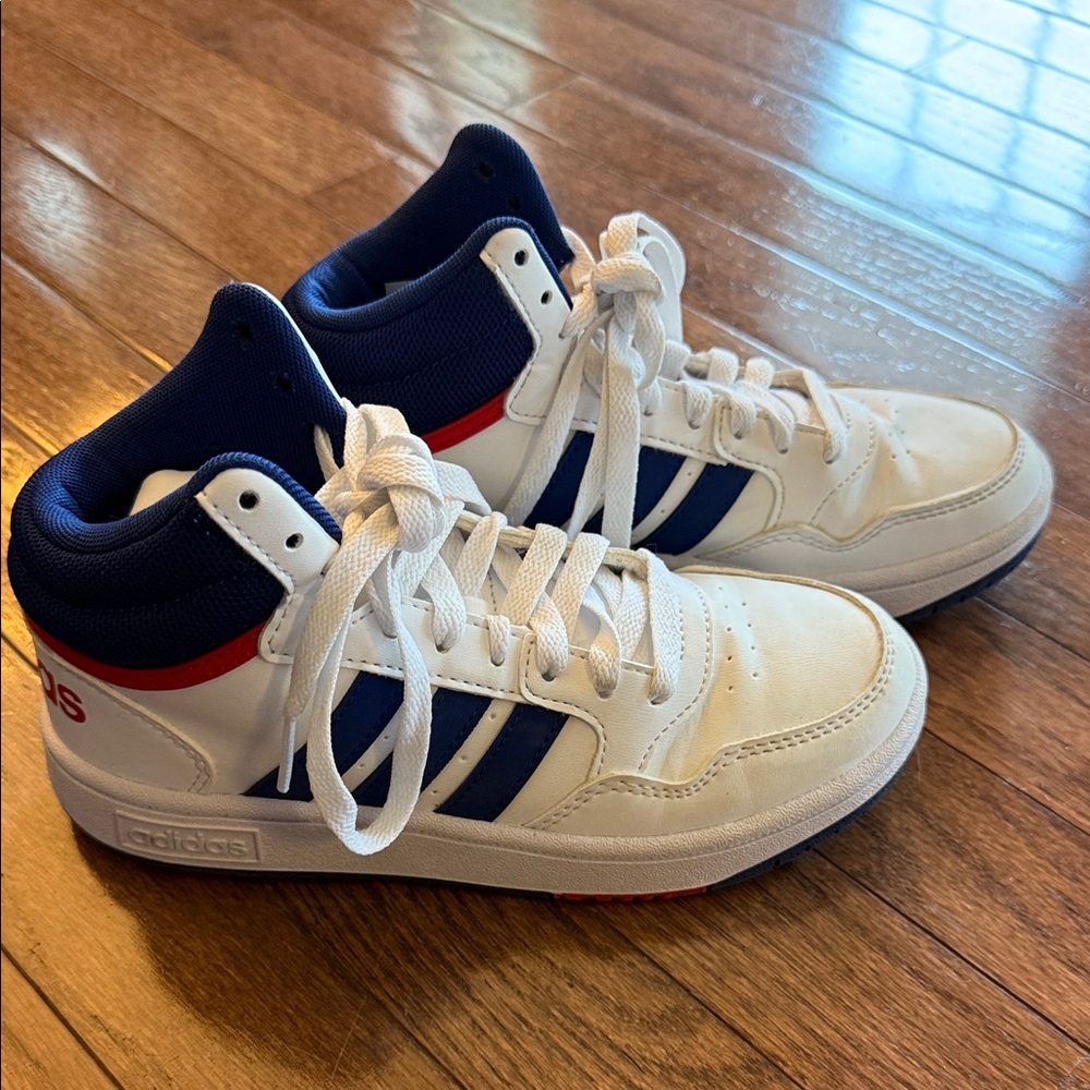 Adidas White and Navy High-Tops with Red Detail